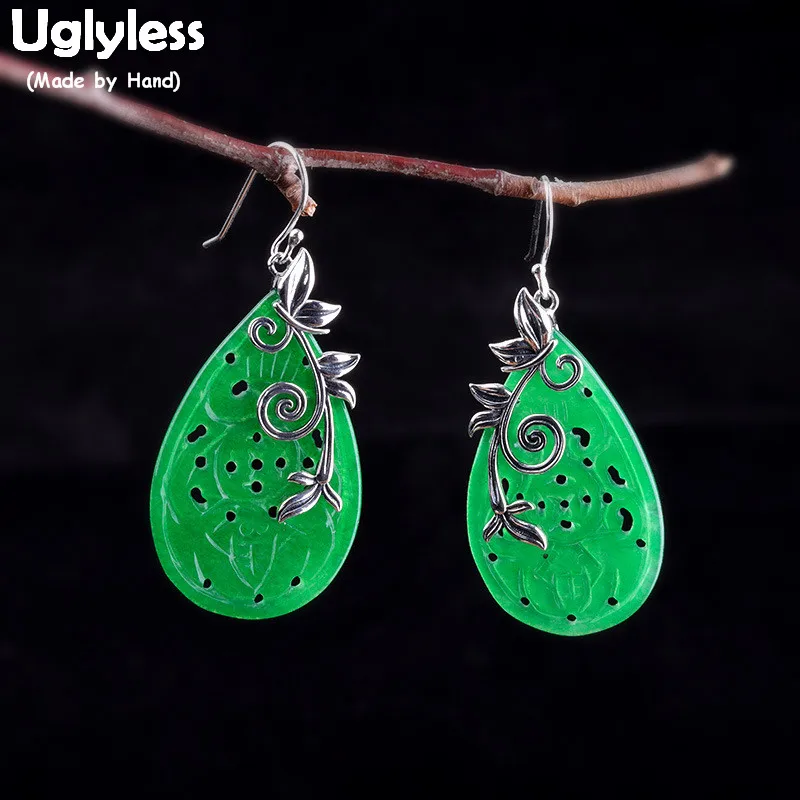 

Uglyless Water Drop Emerald Ethnic Vintage Earrings for Women Totem Patterns Thai Silver Vines Earrings Hollow 925 Silver E1654