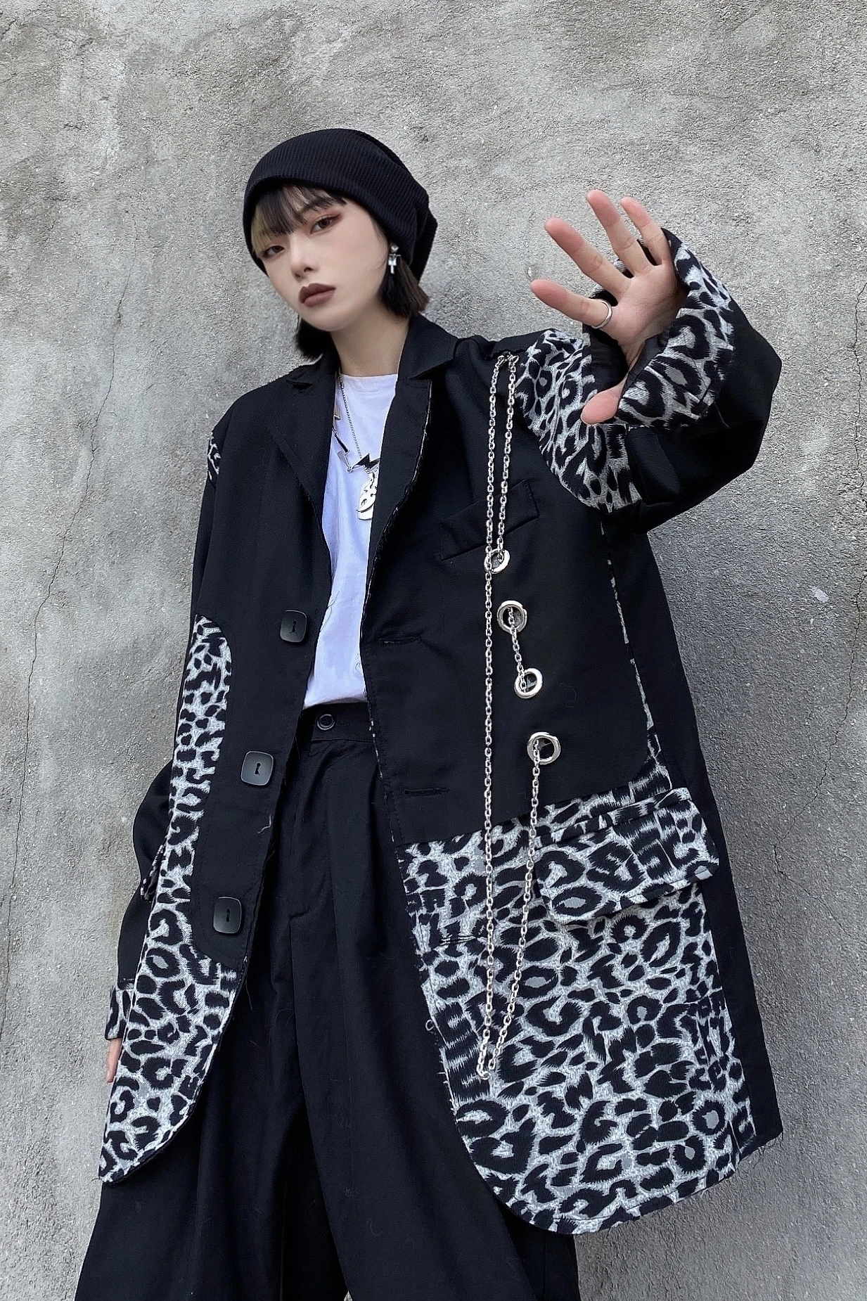 

Korean Design Loose oversized Leopard Print Patchwork Coat outerwear Streetwear female jackets A545