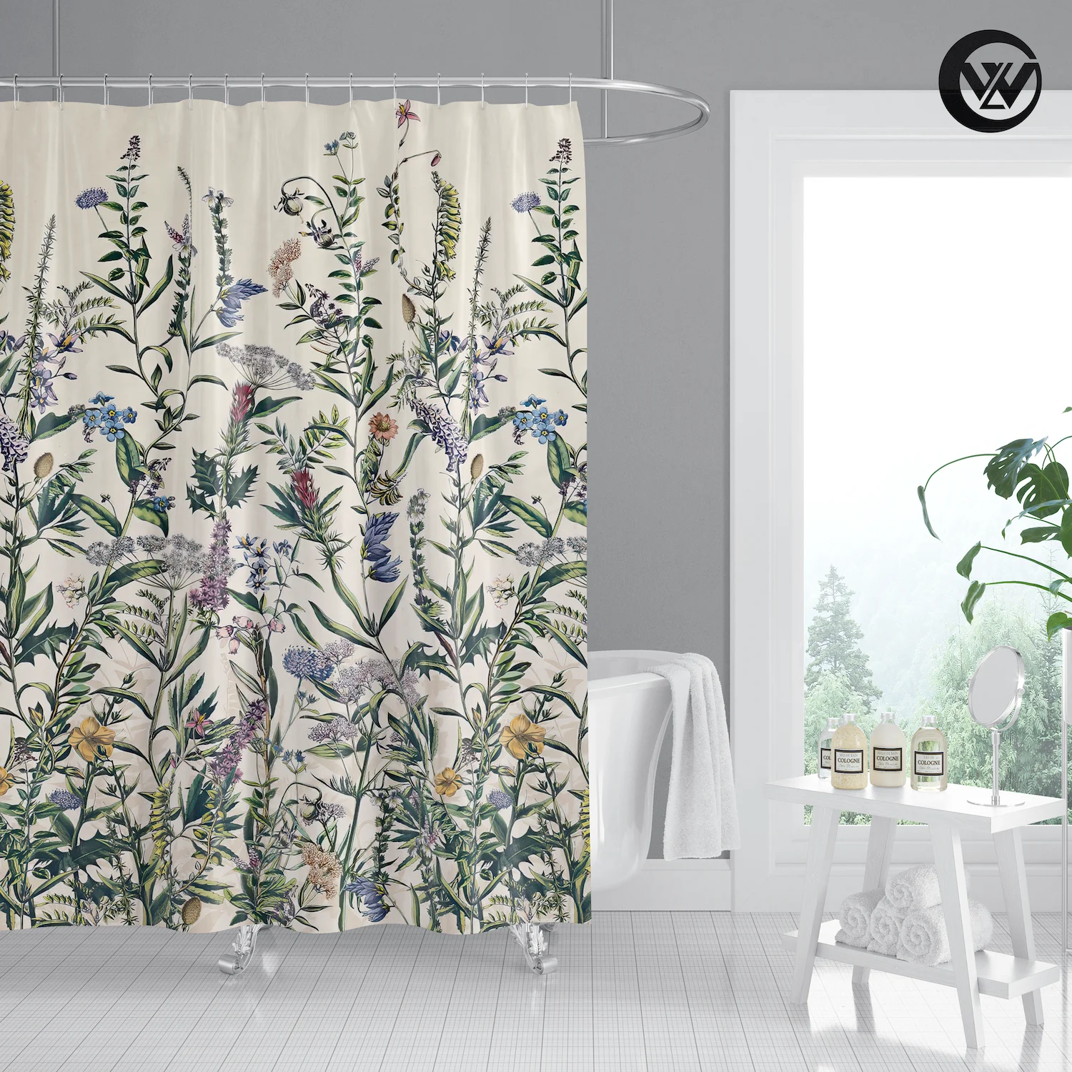 Wholesale Printed Vintage Colorful Flowers Girl Bath Shower Curtain Liner, Waterproof Polyester Plants Bath Bathroom Curtain