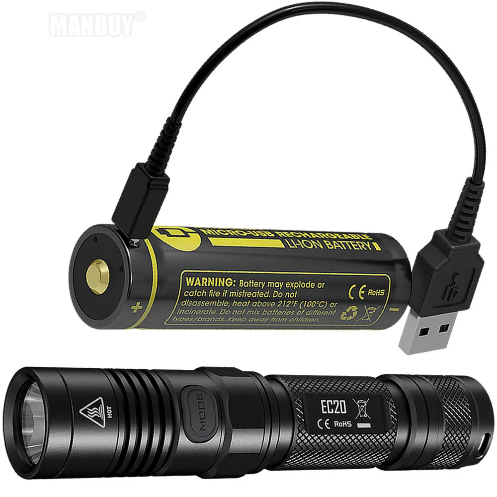 Barato NITECORE-linterna EC20 2021, Batería De Carga Directa Con Puerto USB 18650, Cable USB Linternas Resistentes Al Agua Para Exteriores, Camping, Alta Potencia