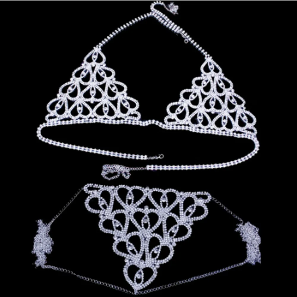 

Luxury Heart Crytal Bikini Body Chain Harness for Women Sexy Lingerie Chain Bling Rhinestone Bra and Thong Set Jewelry