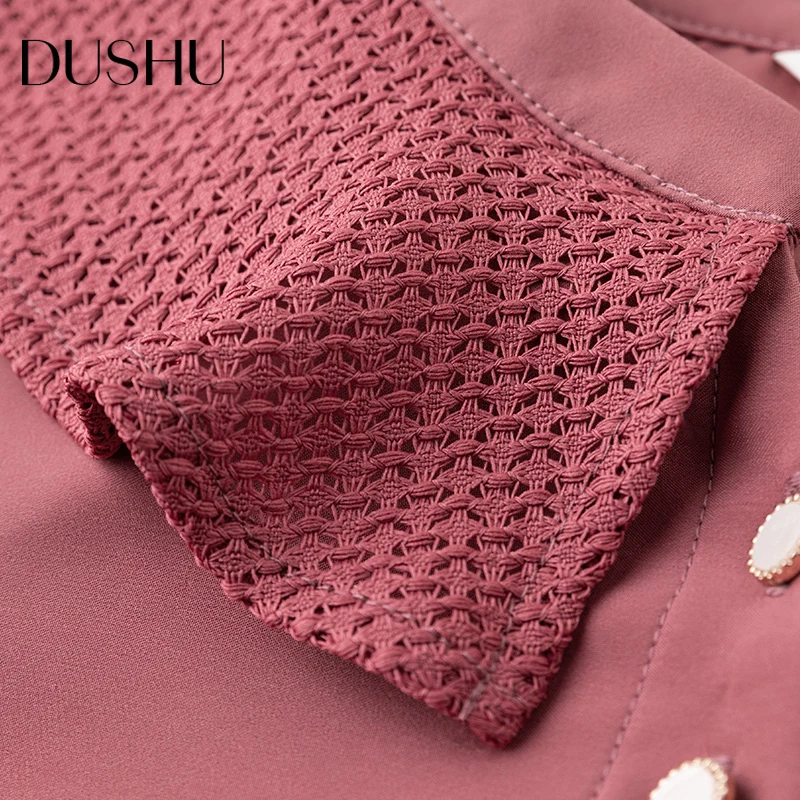 

DUSHU Plus size ruffle spring chiffon blouse shirt Women long sleeve red casual button up shirts Female vintage office lady top