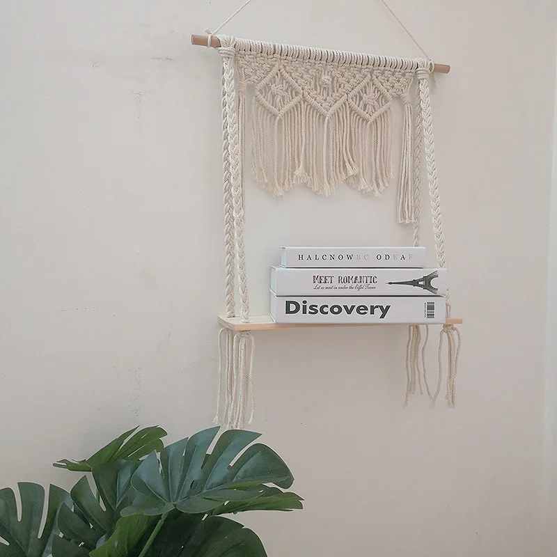 Cilected Home Decoration Macrame Rope Tapestry Rack Wooden Shelf Floating Plant Hanging Wall Shelves Crafts | Дом и сад