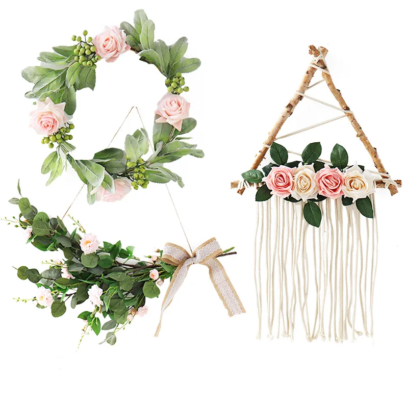 

New Rose Hoop Wreath Door Decoration Wood Wall Hanging Home Floral Decoration Wedding Banquet Artificial Flowers Pendant Garland