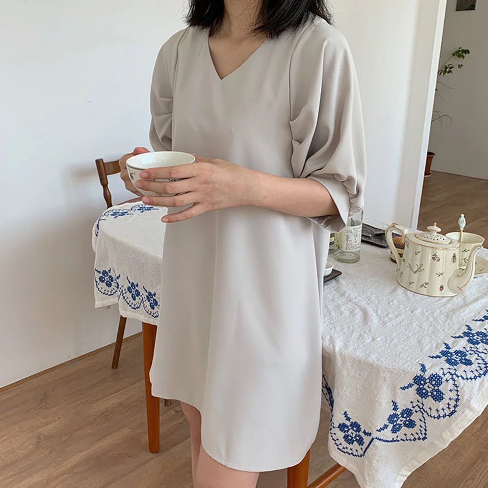 

Summer 2021 Japanese Style Korean Fashion Temperament New Solid Color Simplicity Loose Casual V-neck Summer Women's Dress