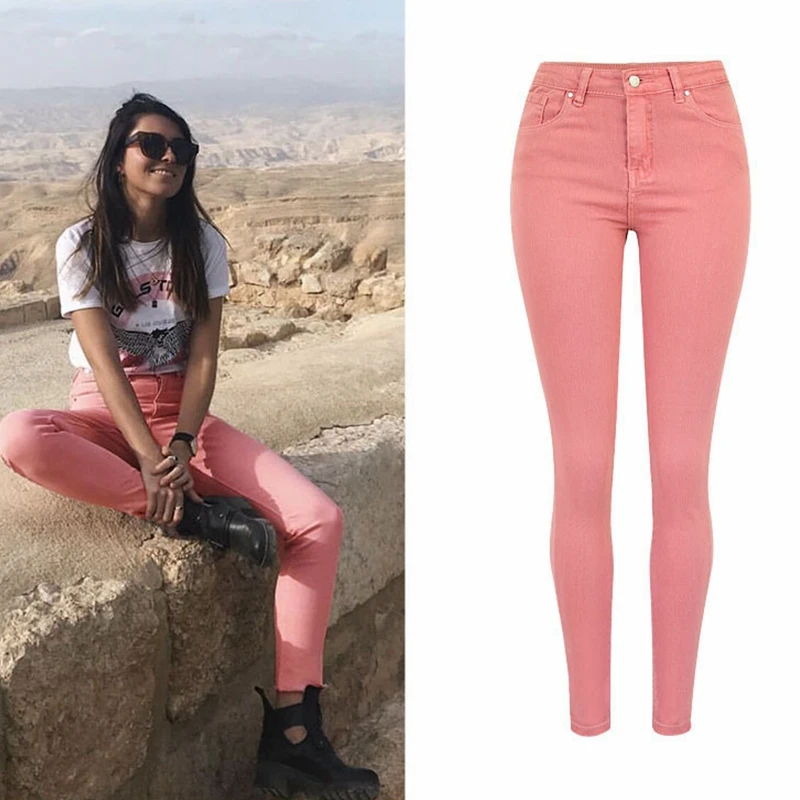 

High Quality Plus Size High Waist Jeans Women Winter Spring Cotton Stretch Denim Pink Streetwear Skinny Jeans Women