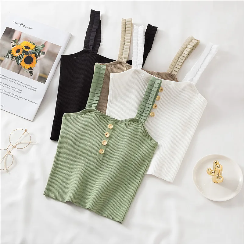 

Women Sweater Tank Top Button Up Sleeveless Ribbing Beach Vest Female Camisole Crop Top