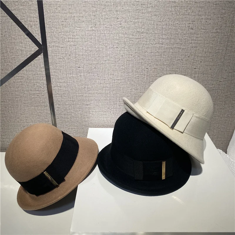

Japanese high-end autumn/winter In Europe And The British Hepburn Retro Wool Felt Hat Ribbon French Clock Basin Hat Han Edition