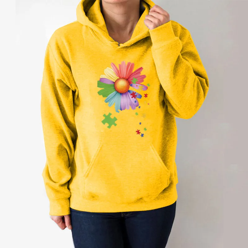 

Colorful Puzzle Sunflower Printed Hoodies Women Fleece Long Sleeve Loose Sweatshirt with Hat Girls Women Hoodie PulloversWinter