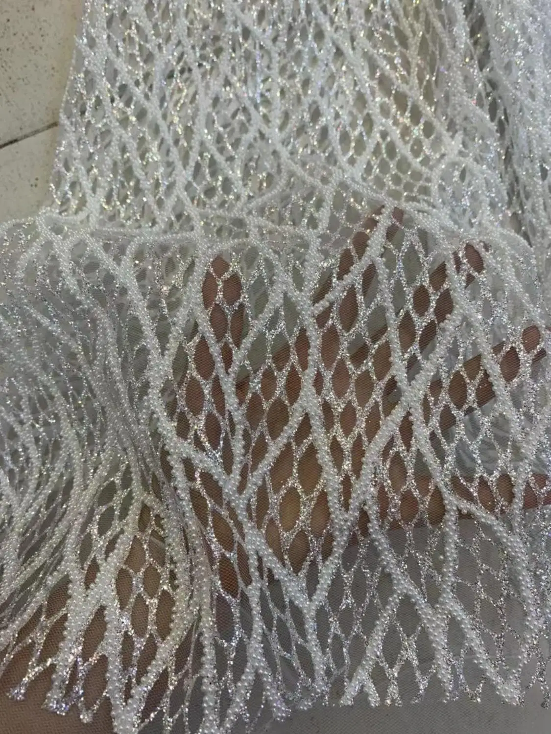

5yards atp012 crystal white beads silver glued glitter sugar lace net mesh fabric for sawing/fashion wedding/party