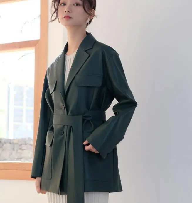 Женская кожаная куртка свободная с поясом весна 2019|Женские куртки| |