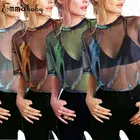 Женская Сетчатая футболка, летняя, с коротким рукавом, с круглым вырезом, прозрачная, свободная, прозрачная, блестящая