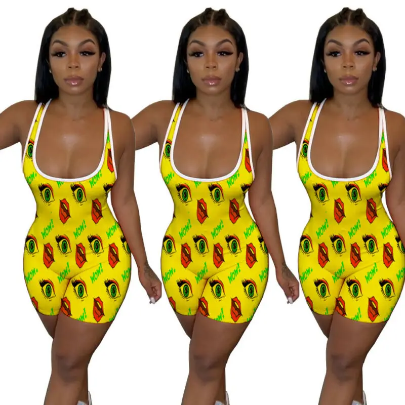 

Sexy Womens Sleeveless Clubwear Party Short Jumpsuit Floral Printed Slim Fit Bodysuit Sportwear 2020 Newest Summer Leotard Tops