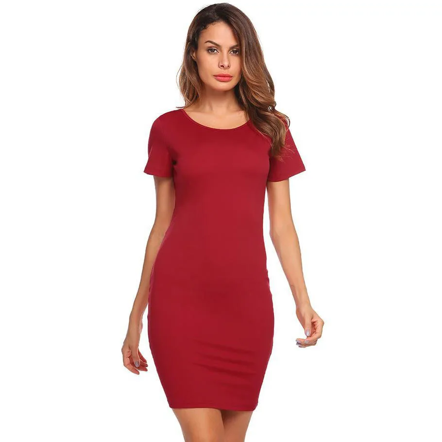

2021 New Round Neck Short Sleeve Dress Solid Color Sexy Backless Dress Slim Pencil Skirt Dress for Women
