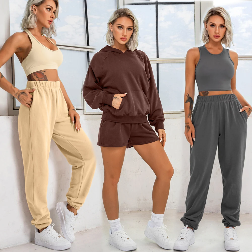 

Hoodie Suit Tracksuit Women Clothing Gym Fitness Set Hooded Sportswear Plus Velvet Loose Pants Sport Vest Bra Top Shorts Clothes
