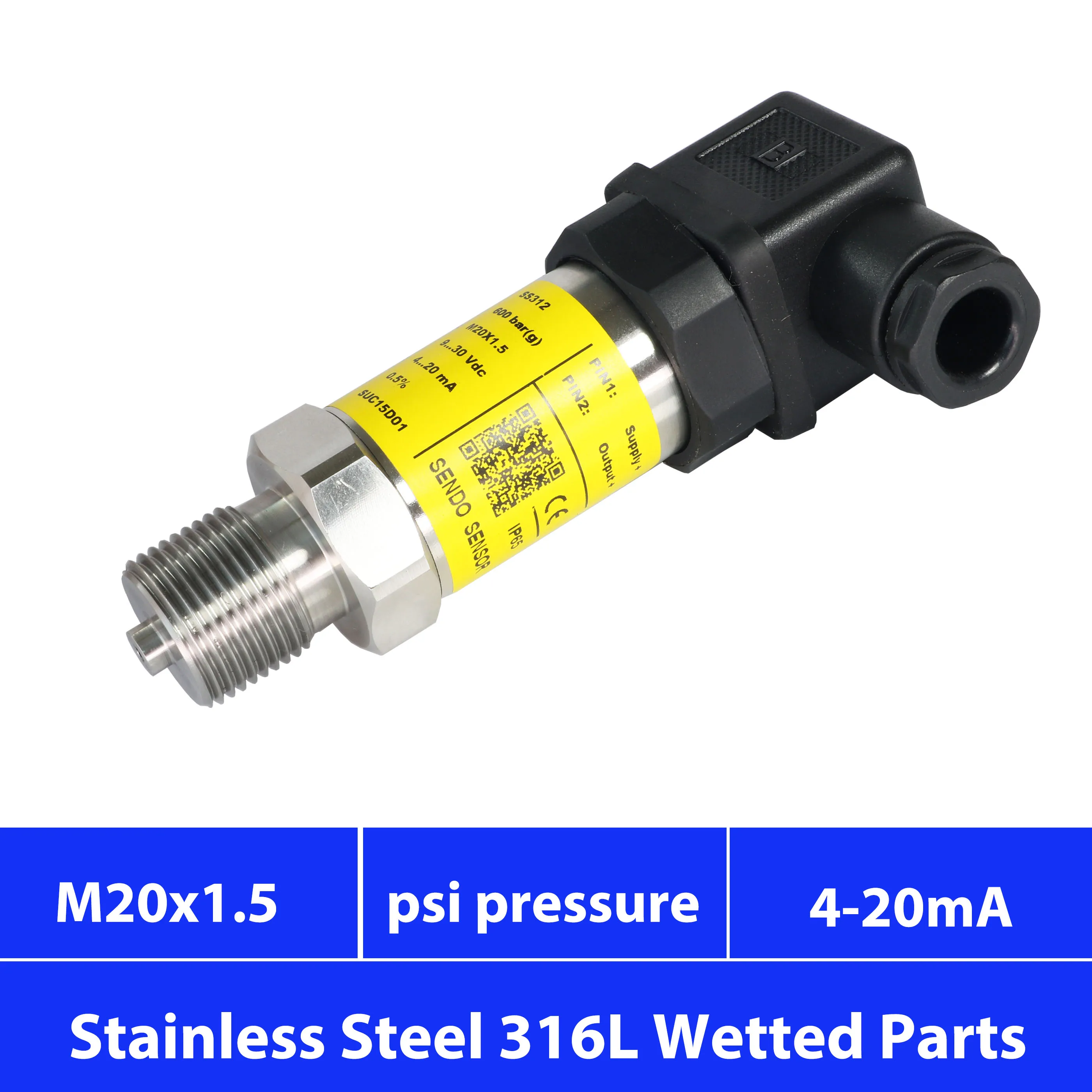 4-20 mA, pressure sensor,  M20x1.5, 0 to 1.5, 3, 10, 100 psi, 300, 500psi gauge, 1000, 3000, 4000psi, IP65, 12V, 24V DC supply