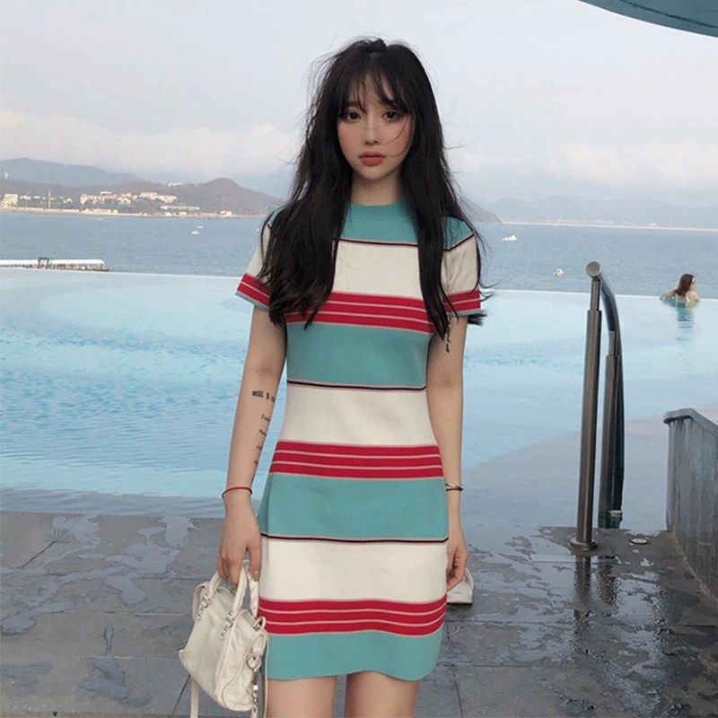 

Knitwear Summer Pullovers Striped Short Sleeve O-neck Korea Casual Knit Dress Elegant Ladies Mini Sexy Bodycon Dress Clothes