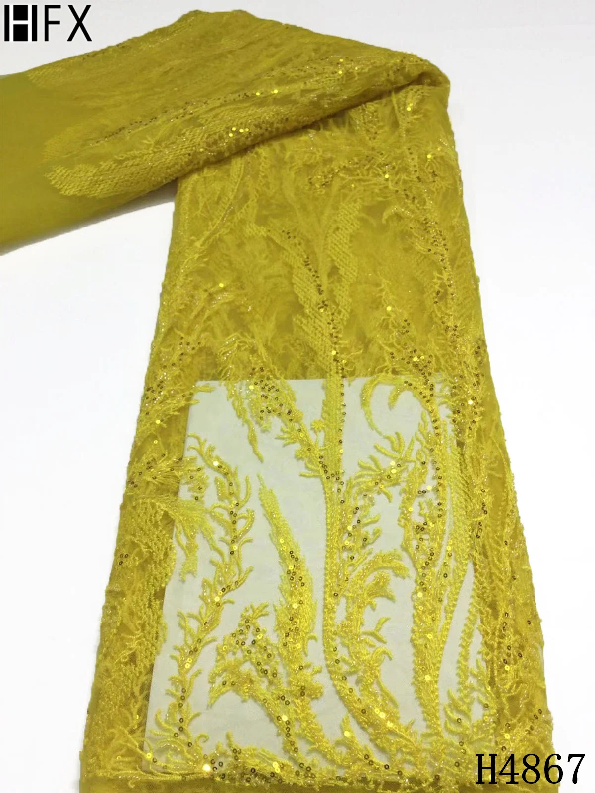 

HFX Latest African French Tulle Mesh Lace Fabric Luxury Beads Lace Handmade Fabric Embroidery Wedding Lace Fabric 2021 F4867