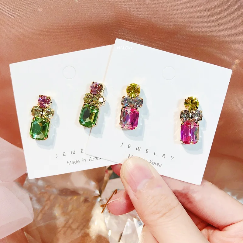

MENGQIAO Korean New Colorful Square Crystal Stud Earrings For Women Girls Cute Boucle D'oreille Pendientes Jewelry Accessories