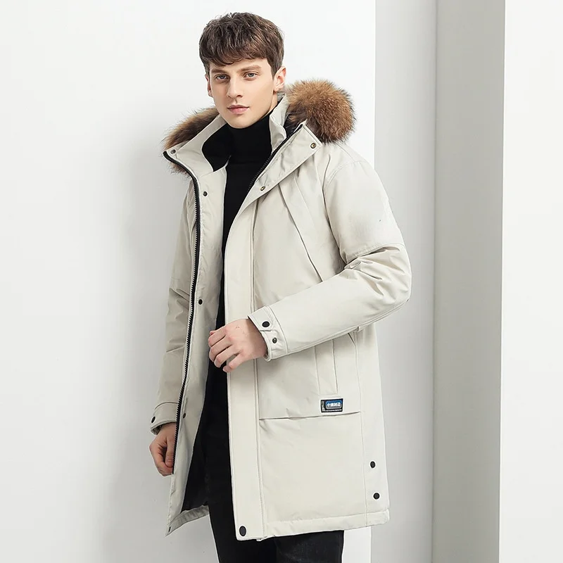 Down Jacket Men's Tooling Mid-length 2021 Winter Big Fur Collar Hooded Pie Overcoming Thickened Down Jacket Men