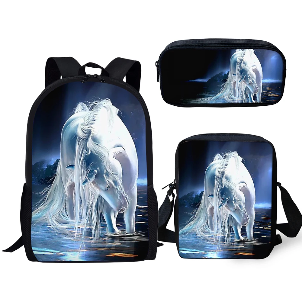 HaoYun Fashion 3PCs Set Backpack Cute Horse Pattern Kids School Bags Students Fantasy Unicorn Backpack/Flaps Bag/Pen Bags