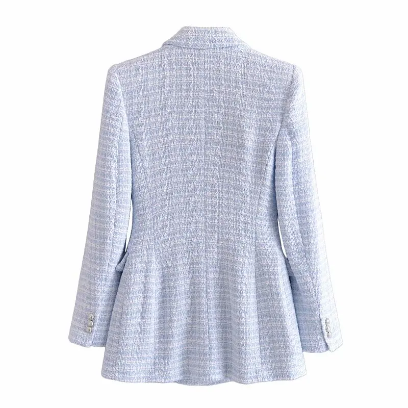 

ZA Women Blazer Jacket 2021 Autumn Notched Plaid Coat Vintage Long Sleeve Pockets Female Outerwear OL Chic Tops