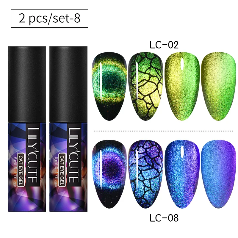 2PCS set 8 LILYCUTE 9D кошачий глаз УФ-гель замачиваемый лак для ногтей для УФ-и светодиодной лампы Магнит Лазерный Сияющий Красочный лак для ногтей лак все для маникюра - Цвет: 2PCS set 8