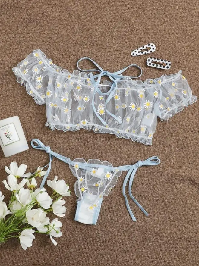 

Women Sexy Lace Daisy Bra Set Transparent Erotic Top Thong Push Up Bikini Sets Underwear Suit Exotic Apparel Femenina