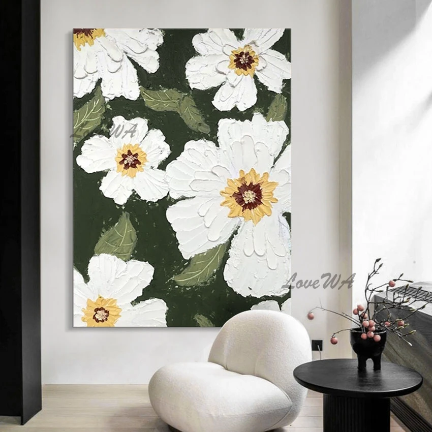 

Thicker Knife Beautiful White Large Flower Oil Painting Unframed Showpiece For Home Decoration Canvas Wall Art Modern Picture