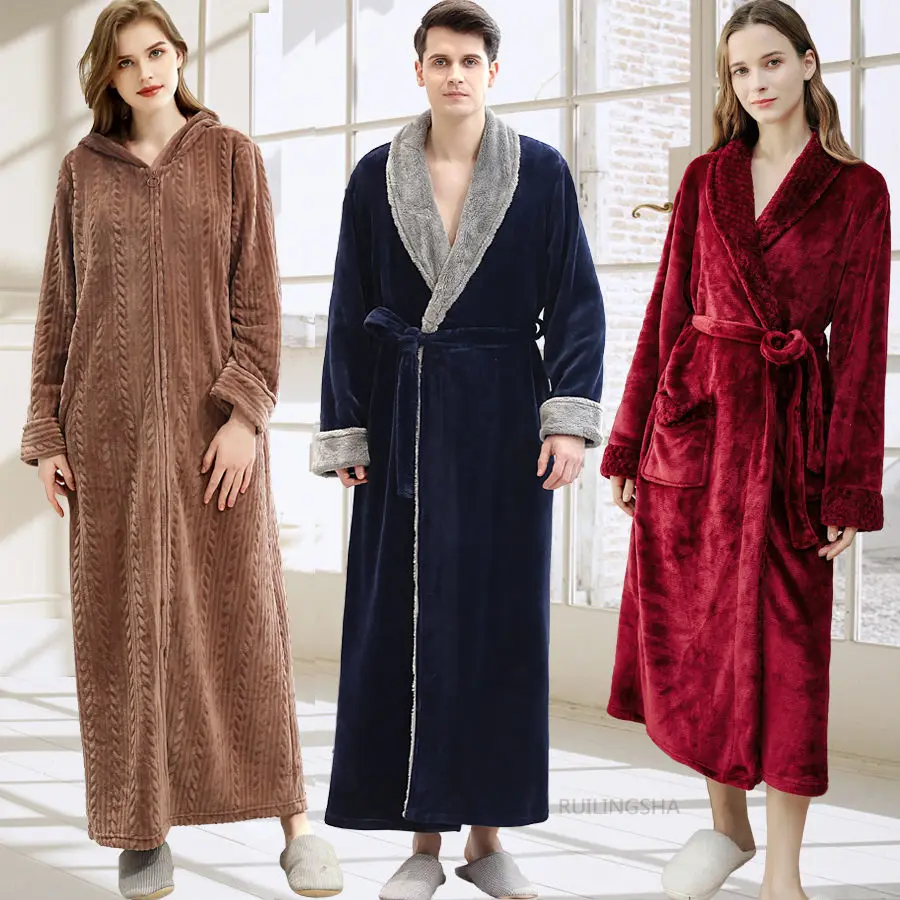 Pajamas Women's Autumn Winter Long Men's Warm Bathrobe Couple Zipper Pajamas Nightgown Sleepwear Nightwear Women Pijamas Women