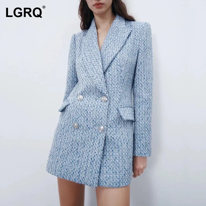 

[LGRQ] Sheath Double Breasted Patchwork Jacket New Lapel Long Sleeve Women's Formal Coat Fashion Tide Spring Autumn 2021