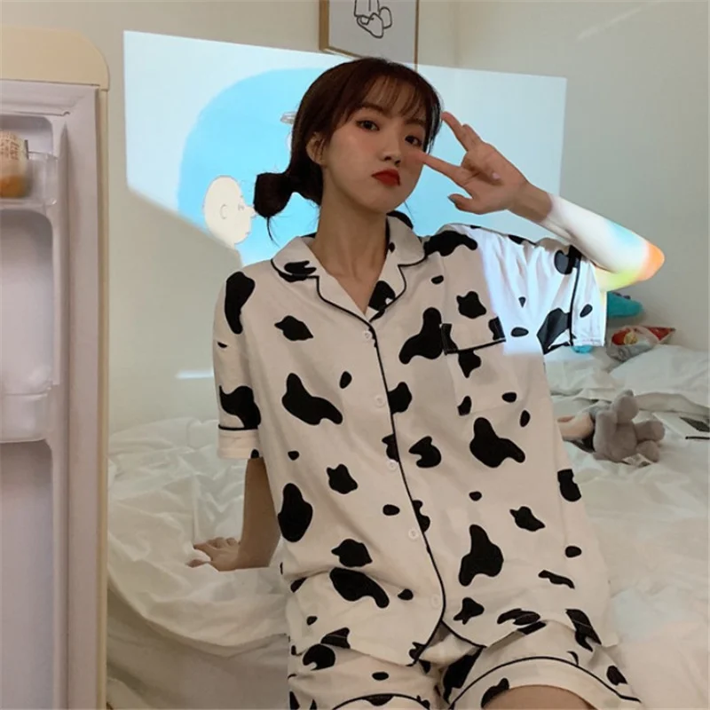 

Summer Women Pajamas Fashion Cute Cow Print Ladies Underwear Casual Comfortable Homewear Two Piece Pajamas Set For Female