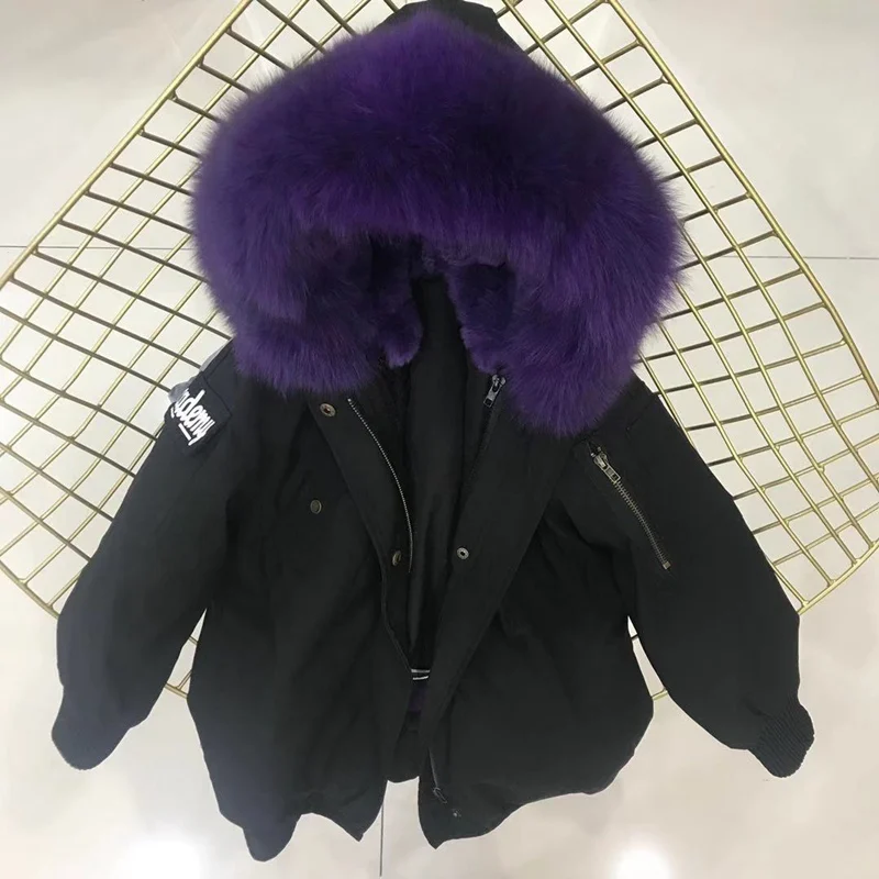black purple fur Настоящий мех кролика, парки, пальто с капюшоном из лисьего меха, Детская куртка для мальчиков и девочек, ветровка, детская зимняя одежда - Цвет: black purple fur