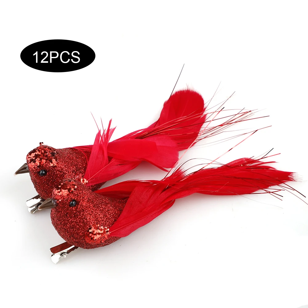 12Pcs Cardinal Clip On Christmas Tree Ornament Door Decorations With Alligator Clips Attached Red Feathers Artificial Birds | Дом и сад