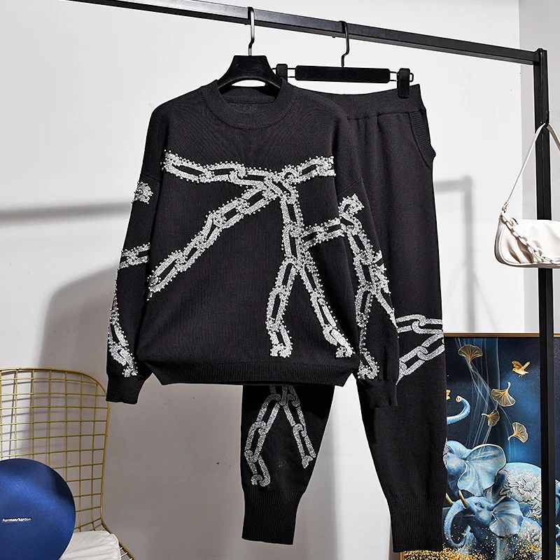 

Женский трикотажный комплект, комплект из двух предметов, свитер и длинные штаны ручной работы с принтом в виде цепочек, Свободный вязаный к...