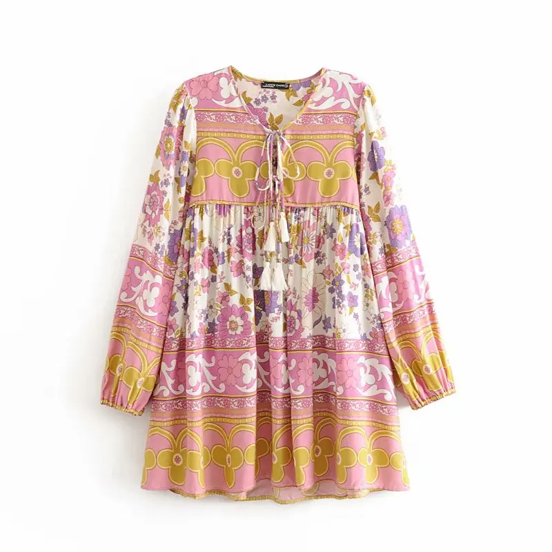 Винтажное шикарное женское платье на шнуровке с кисточками и цветочным принтом