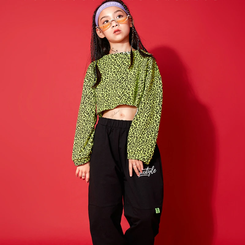 

Girls Hip Hop Sweatshirt 2 Pcs Set Kids Children Streetwear Leopard Sport Jogger Pant Outfit Teenage Jazz Ballroom Dance Clothes