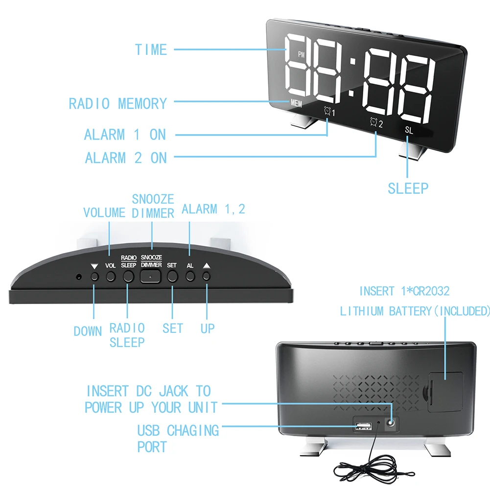 

LED Digital Display USB12/24 Hours Dual Modes Snooze Alarm Clock with FM Radio Smart Digital Alarm Clock LED Night Kids Bedroom