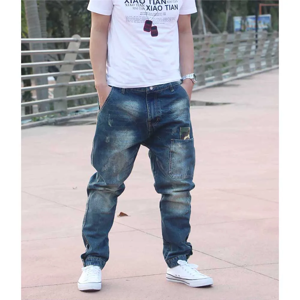 Trendy Harem Jeans Man Camouflage Patch Pocket Denim Pants Loose Baggy Cargo Pants Joggers Trousers Hip Hop Jeans  Men Clothing