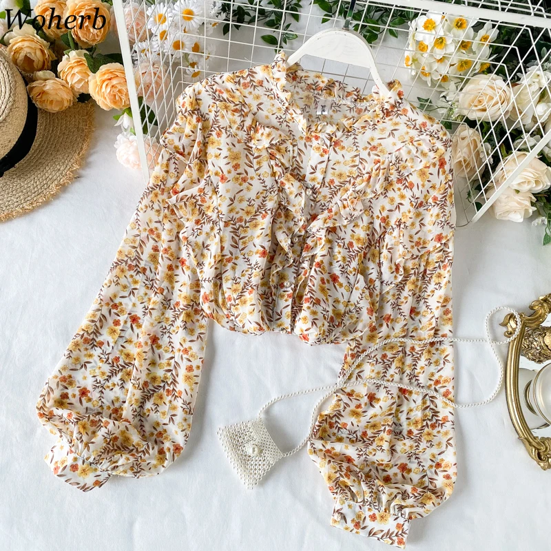 Woherb элегантная Милая шифоновая блузка с цветочным принтом и рукавами фонариками