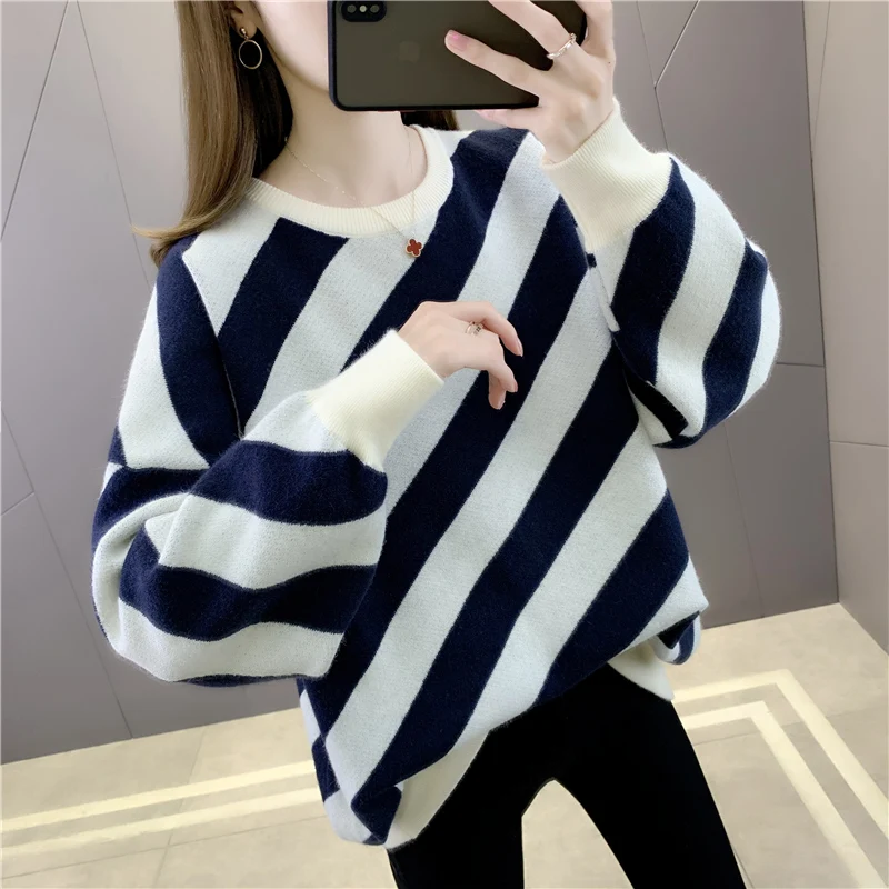 

Room 209941, row 4, No. 6 (top)] real shot round neck diagonal stripe Pullover Sweater 46