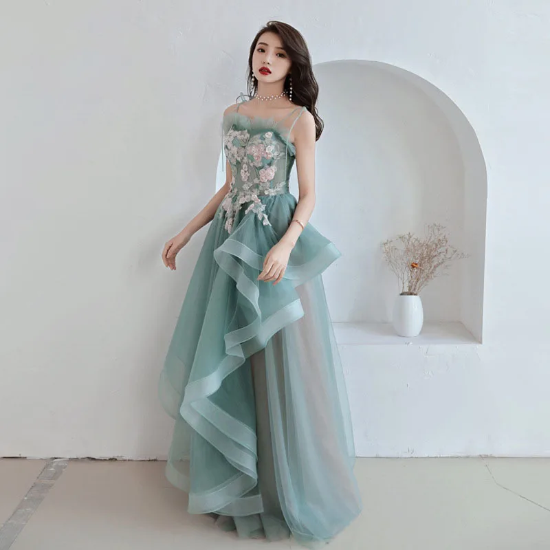 

lace flower evening dress luxury bride princess Spaghetti Strap beading flower ruffles evening dress Vestido De Noche