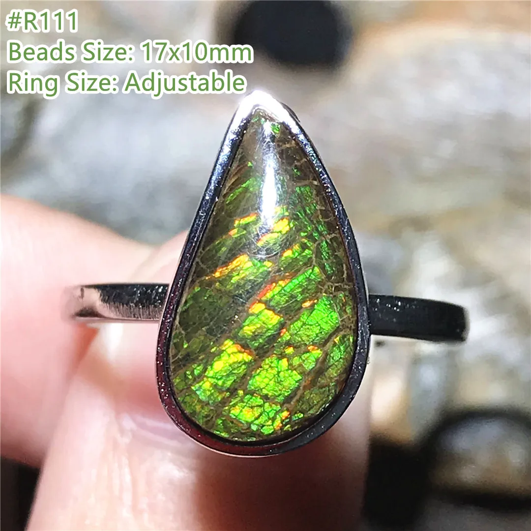 Natural Ammonite Ammolite Ring Jewelry For Women Lady Men Reiki Gift Green Red Luck Crystal Beads Silver Adjustable Ring AAAAA