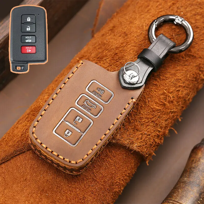 

Leather 4 Button Car Key Case Cover For 2019 Toyota Highlander Avalon Camry RAV4 Remote Fob Cover Keychain Auto Accessory