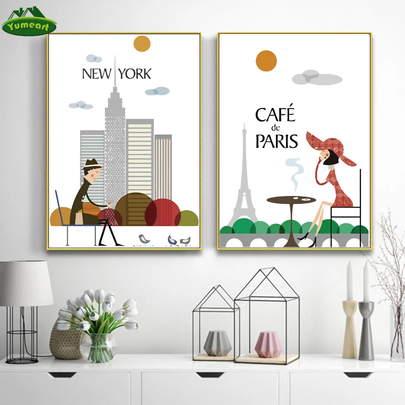 Модный утренний Лондона Нью-Йорк ВИНТАЖНЫЙ ПЛАКАТ пейзаж Искусство холст