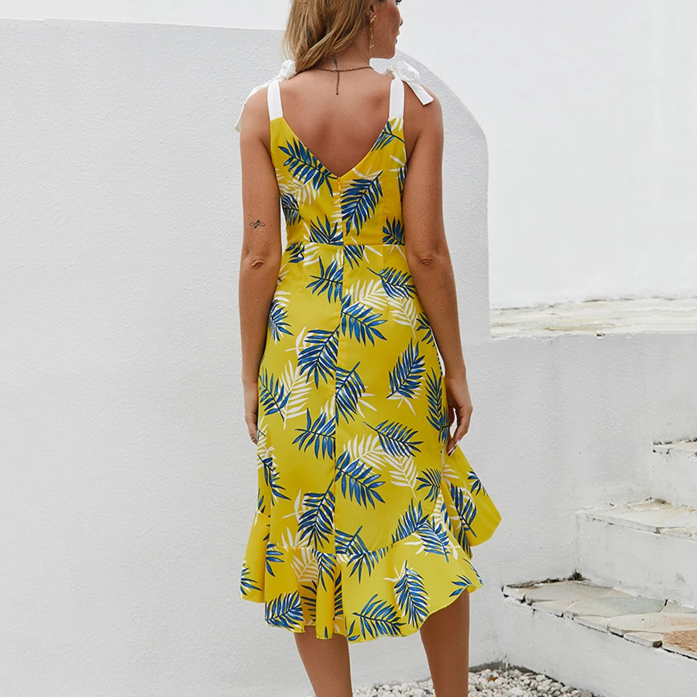 

Print Asymmetric Ruffle Spaghetti Strap Midi Dress Women Sleeveless Lace Up V Neck With Zipper Ladies Holiday Casual Dresses