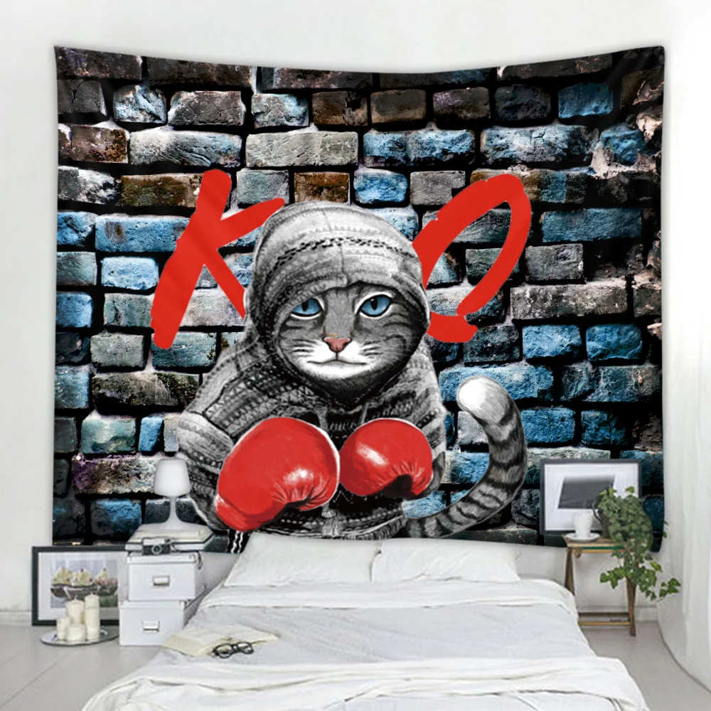 Новинка боксерская кошка кунг-фу мультяшный Кот Печать гобелен сцена украшение