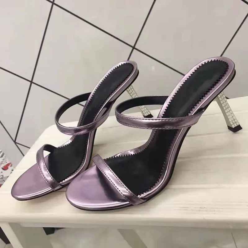 Purple patentleather Пикантные летние сандалии-гладиаторы с одним ремешком; женские Босоножки с открытым носком, украшенные стразами; женская обувь на тонком высоком каблуке - Цвет: Purple patentleather