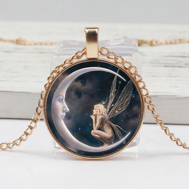 

New Gothic Angel Moon Pendant Necklace Personality Pattern Fairy Tale Glass Necklace Pendant Man Woman Jewelry Souvenir Choker