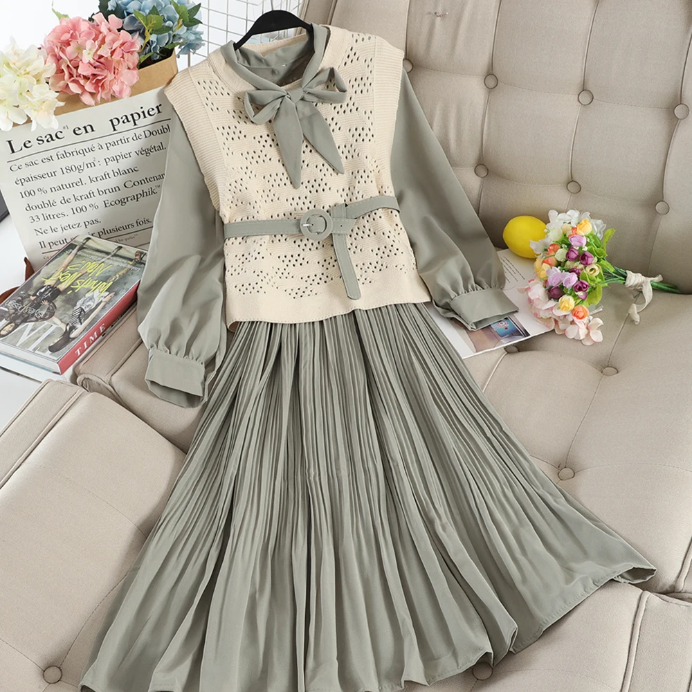 SINGRAIN женское плиссированное платье + вязаный свитер Осенние вечерние платья с